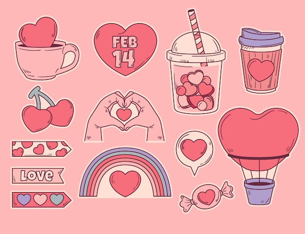 Colección de pegatinas para el día de San Valentín dibujadas a mano