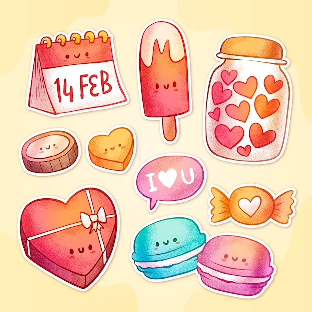 Colección de pegatinas para el día de San Valentín dibujadas a mano