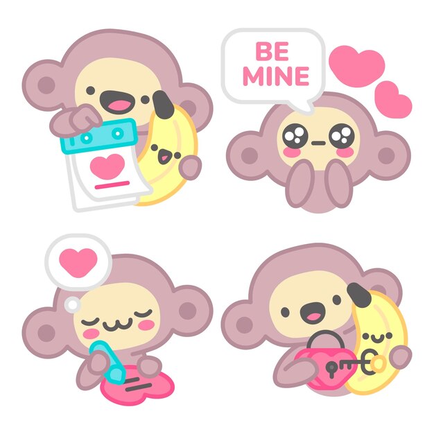 Colección de pegatinas del día de San Valentín con mono y plátano