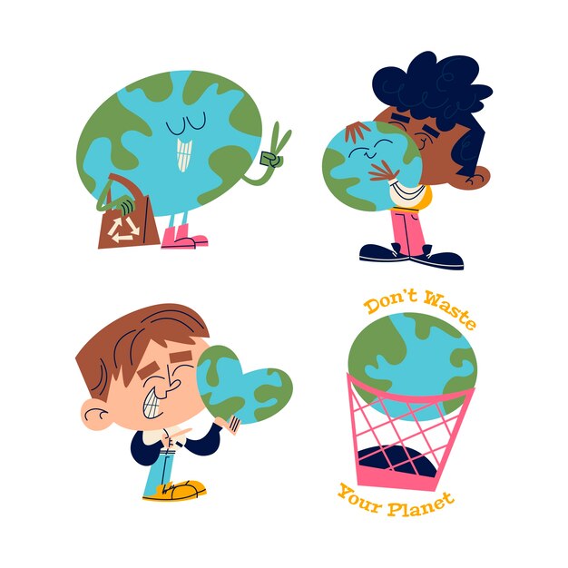 Colección de pegatinas del día de la tierra de dibujos animados retro
