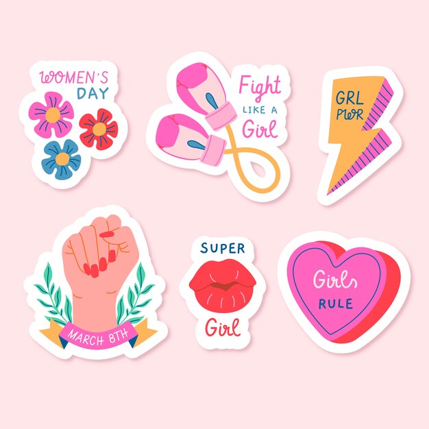 Colección de pegatinas dibujadas a mano para la celebración del día de la mujer