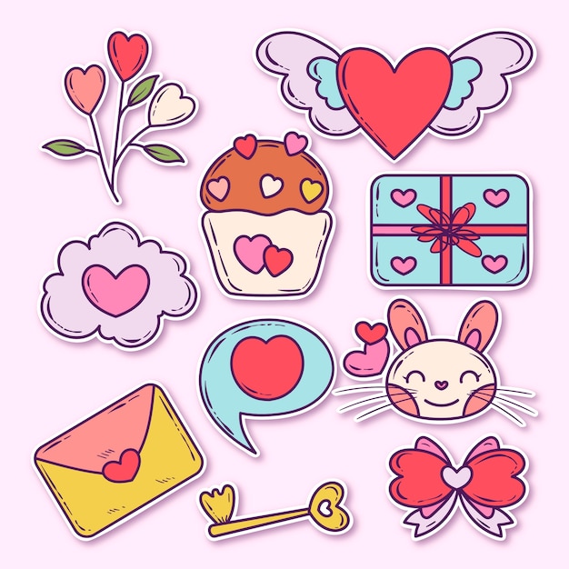 Vector gratuito colección de pegatinas dibujadas a mano para la celebración del día de san valentín