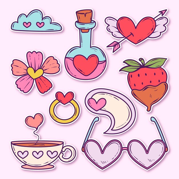 Colección de pegatinas dibujadas a mano para la celebración del Día de San Valentín