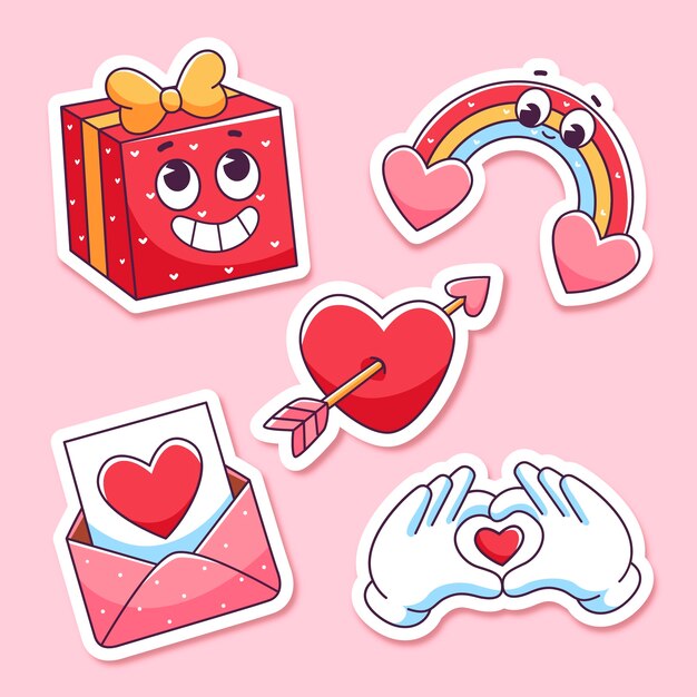 Colección de pegatinas dibujadas a mano para la celebración del Día de San Valentín