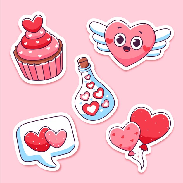 Colección de pegatinas dibujadas a mano para la celebración del Día de San Valentín