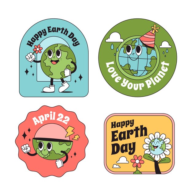 Colección de pegatinas dibujadas a mano para la celebración del día de la tierra