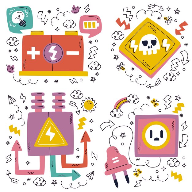Colección pegatinas dibujadas a mano doodle electricista
