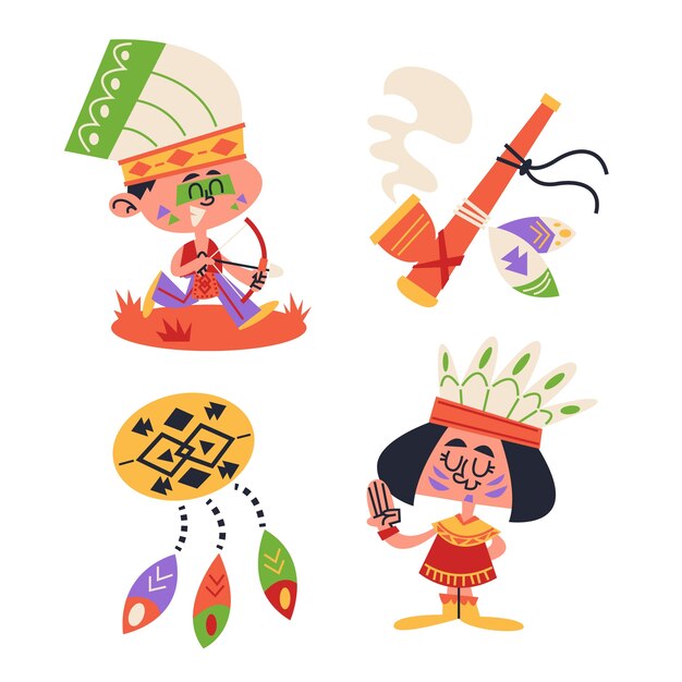 Colección de pegatinas de dibujos animados nativos americanos retro