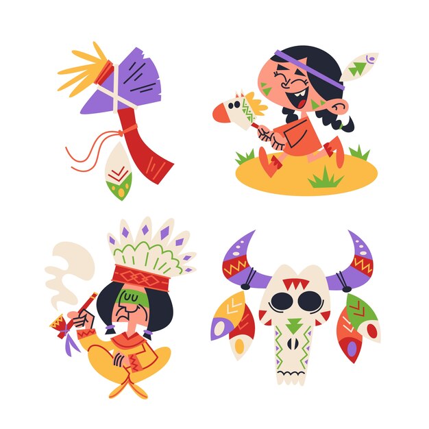 Colección de pegatinas de dibujos animados nativos americanos retro