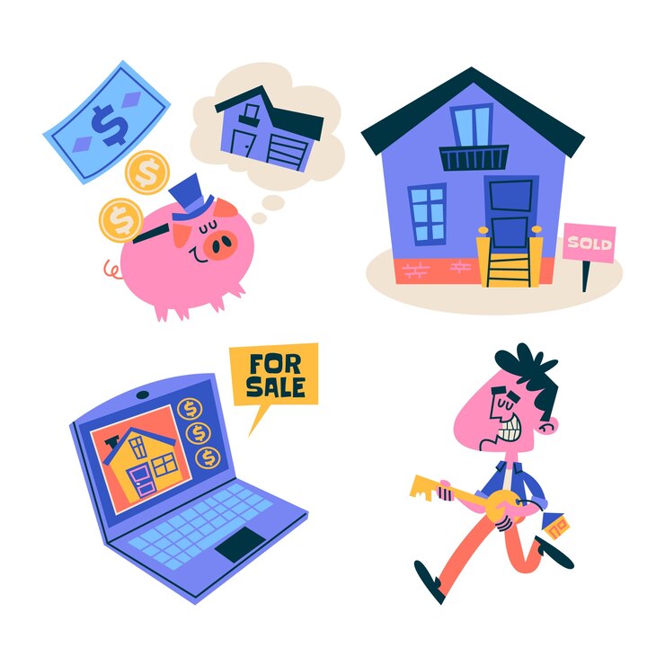 Vector gratuito colección de pegatinas de dibujos animados retro de bienes raíces