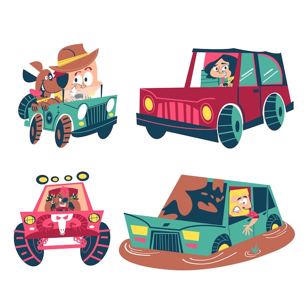 Vector gratuito colección de pegatinas de dibujos animados retro con coches