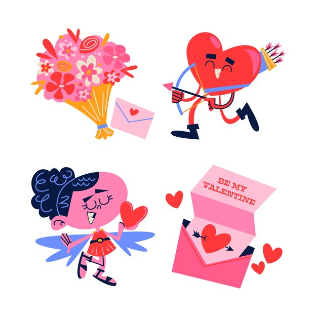 Colección de pegatinas de dibujos animados retro para el día de San Valentín