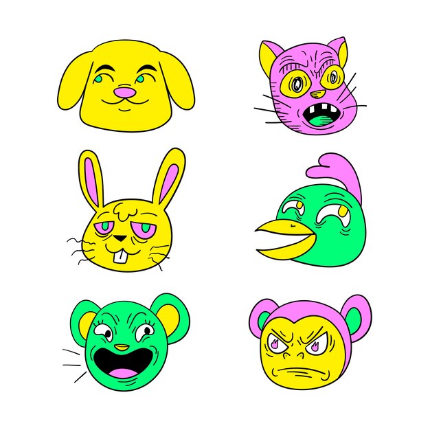Colección de pegatinas divertidas dibujadas a mano de colores ácidos