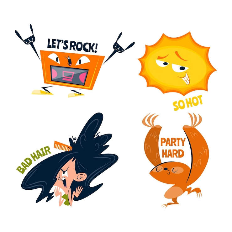 Vector gratuito colección de pegatinas divertidas dibujos animados retro