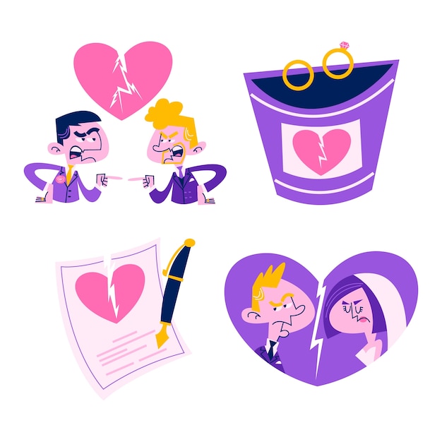 Vector gratuito colección de pegatinas de divorcio de dibujos animados retro