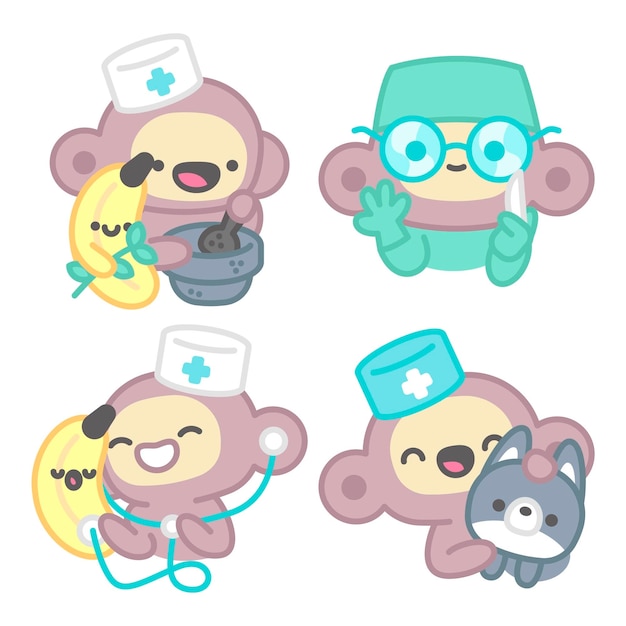 Colección de pegatinas de doctor con mono y plátano