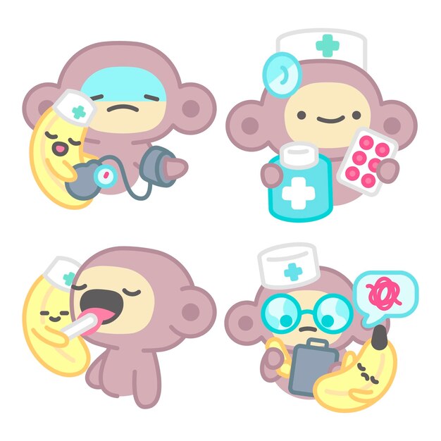 Colección de pegatinas de doctor con mono y plátano