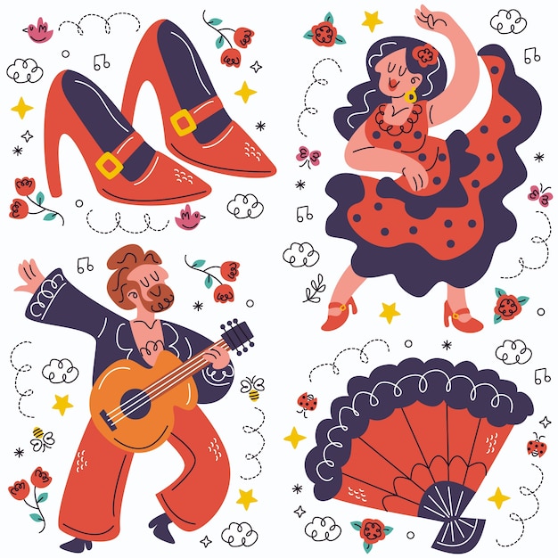 Colección de pegatinas de doodle flamenco