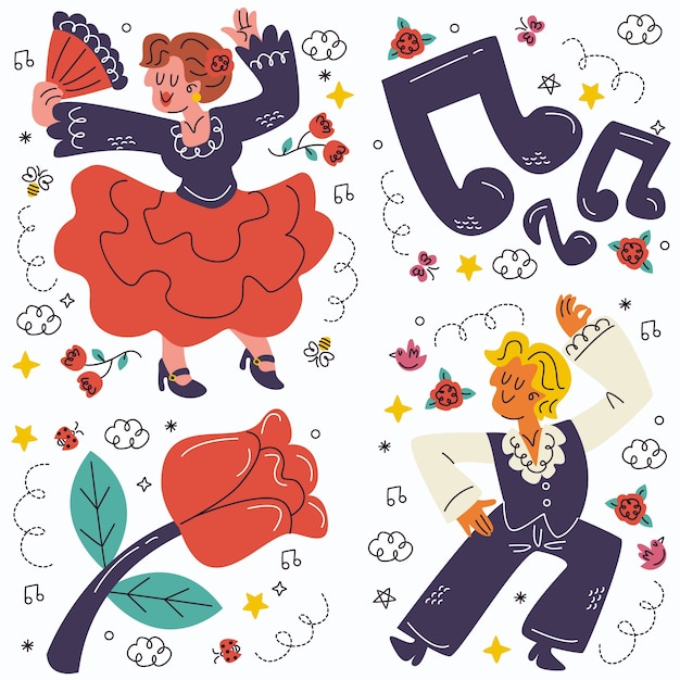 Vector gratuito colección de pegatinas de doodle flamenco