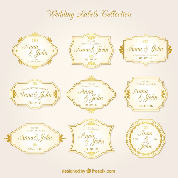 Colección de pegatinas doradas de boda en estilo retro