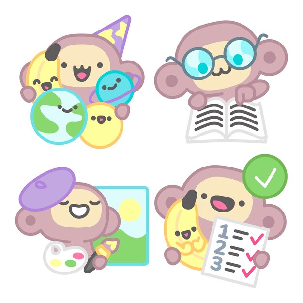Colección de pegatinas educativas con mono y plátano