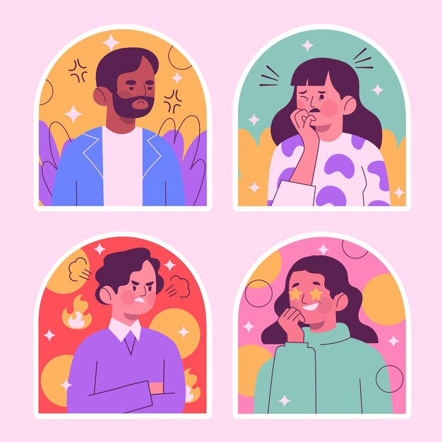 Colección de pegatinas de emociones de gente ingenua