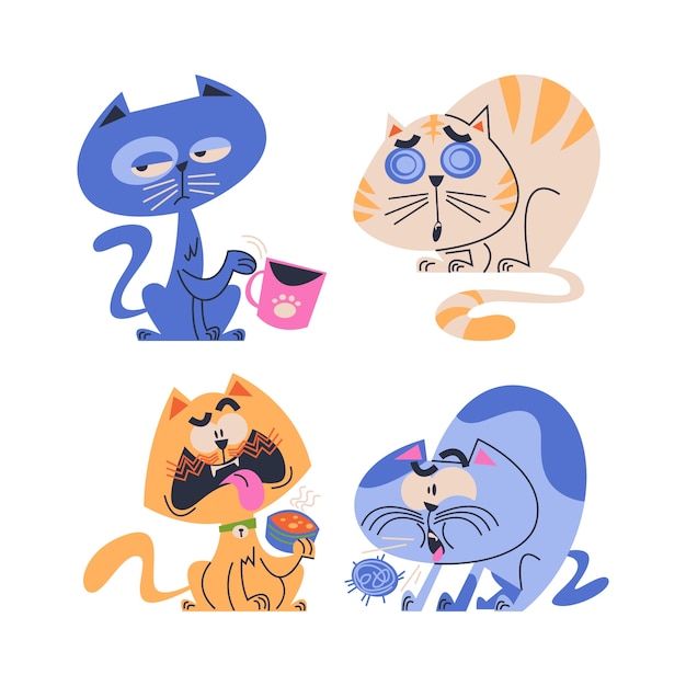 Colección de pegatinas de emojis de gatos de dibujos animados retro
