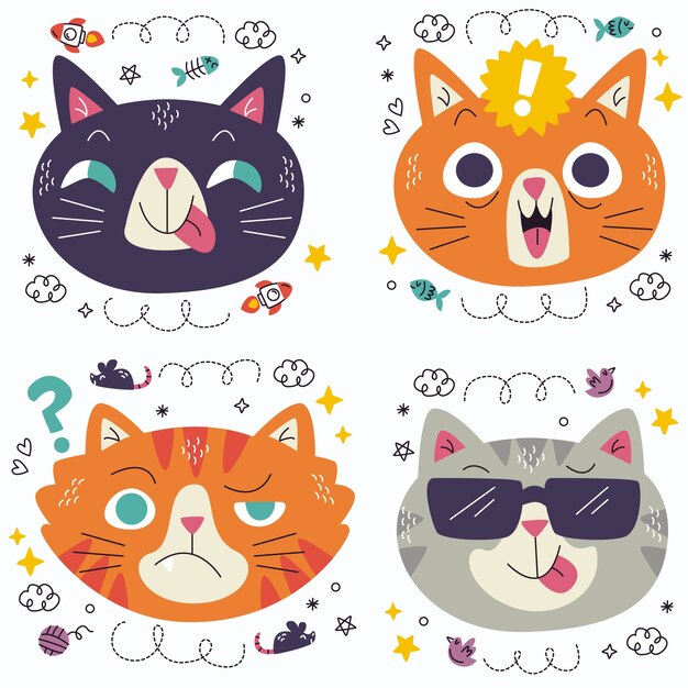 Colección de pegatinas de emoticonos de gatos Doodle