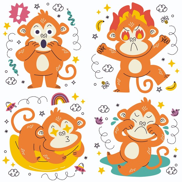 Colección de pegatinas de emoticonos de mono Doodle
