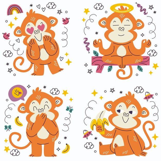 Colección de pegatinas de emoticonos de mono Doodle