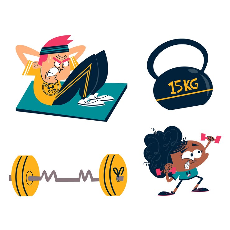 Vector gratuito colección de pegatinas de entrenamiento de dibujos animados retro