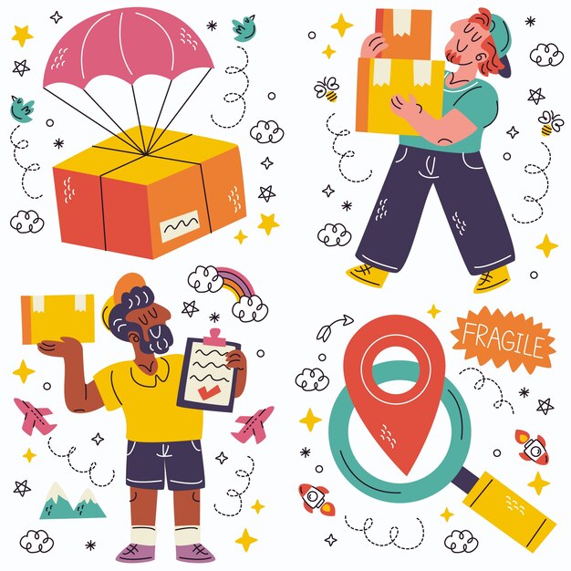 Colección de pegatinas de envío y entrega de Doodle