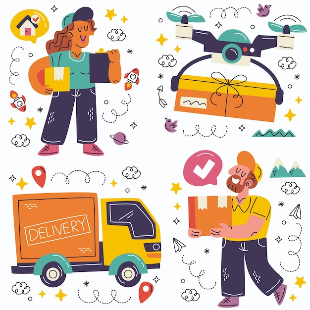 Colección de pegatinas de envío y entrega de Doodle