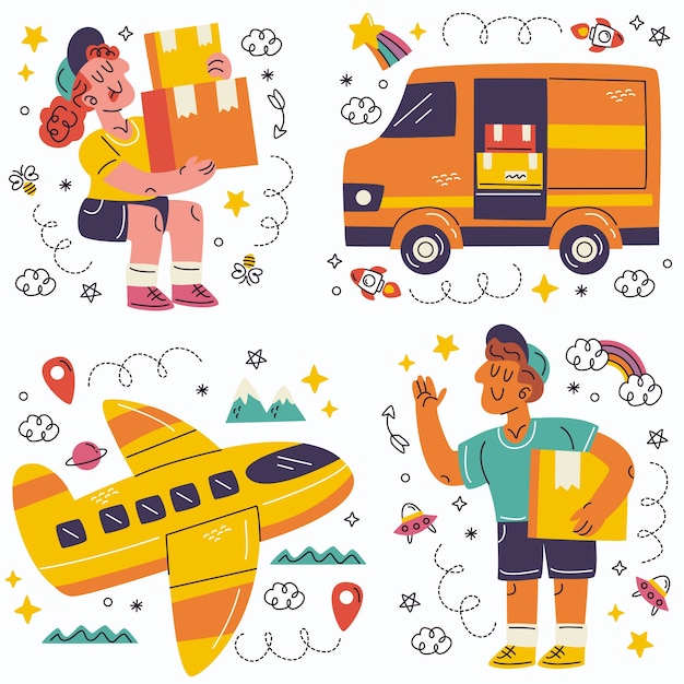 Colección de pegatinas de envío y entrega de Doodle