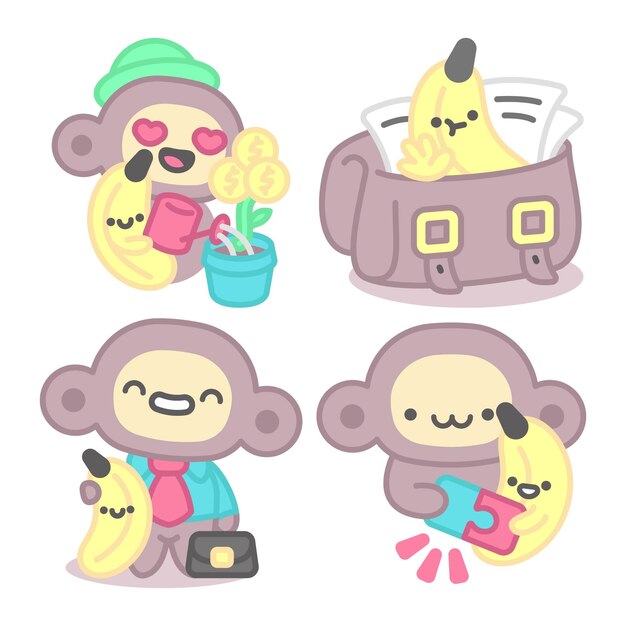 Colección de pegatinas escolares con mono y plátano