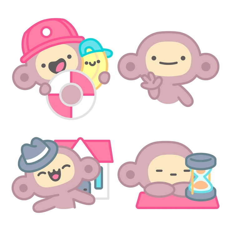 Vector gratuito colección de pegatinas esenciales con mono y plátano.