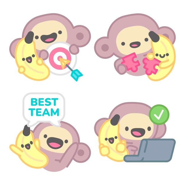 Colección de pegatinas de espíritu de equipo con mono y plátano