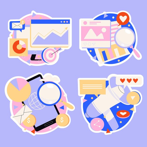 Colección de pegatinas de estrategia de marketing digital.