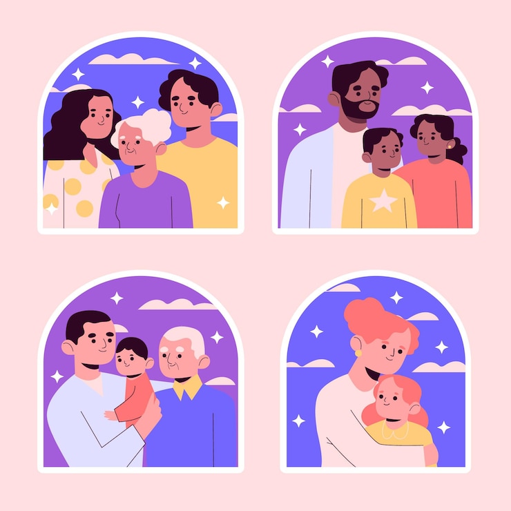 Vector gratuito colección de pegatinas de familia feliz ingenua