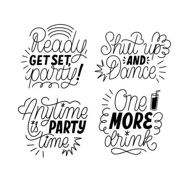 Colección de pegatinas de fiesta nocturna de letras monocromáticas