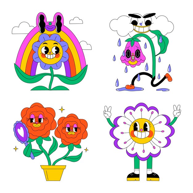 Colección de pegatinas de flores ácidas