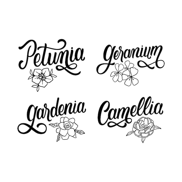 Colección de pegatinas de flores con letras monocromáticas