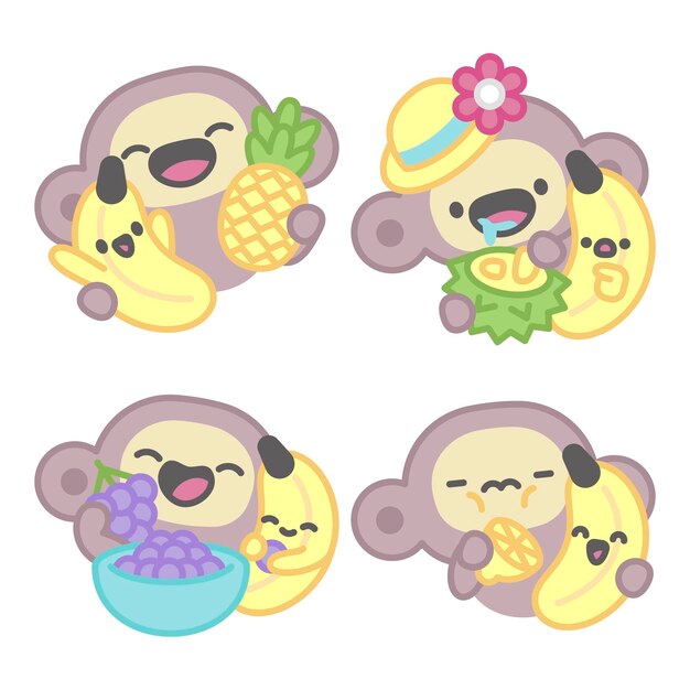 Colección de pegatinas de frutas con mono y plátano.