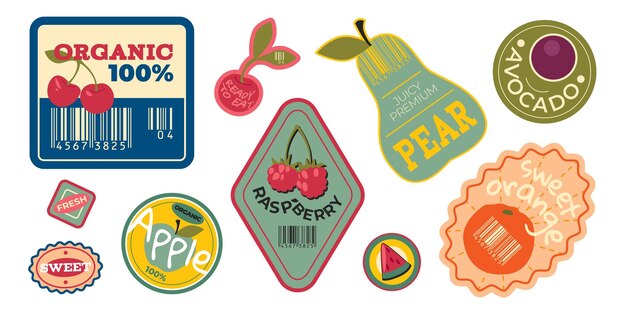 Colección de pegatinas de frutas retro