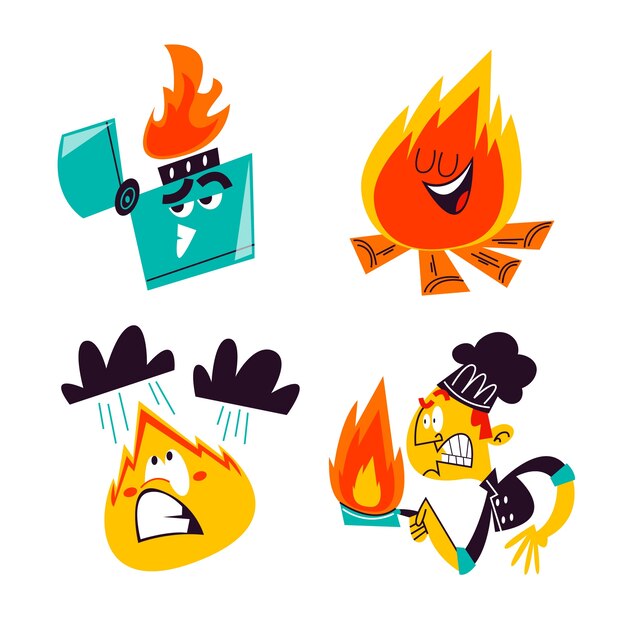 Colección de pegatinas de fuego de dibujos animados retro