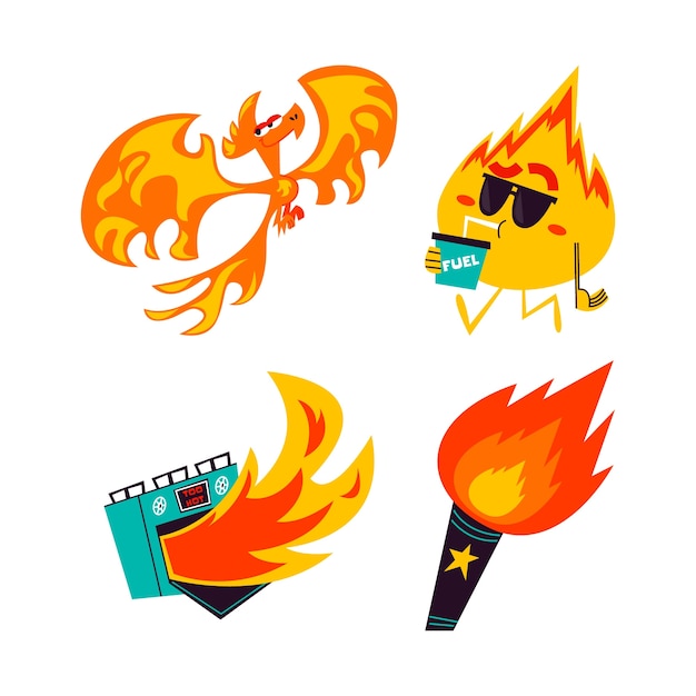 Vector gratuito colección de pegatinas de fuego de dibujos animados retro