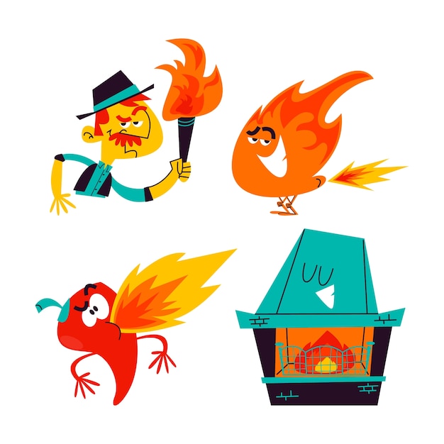 Vector gratuito colección de pegatinas de fuego de dibujos animados retro