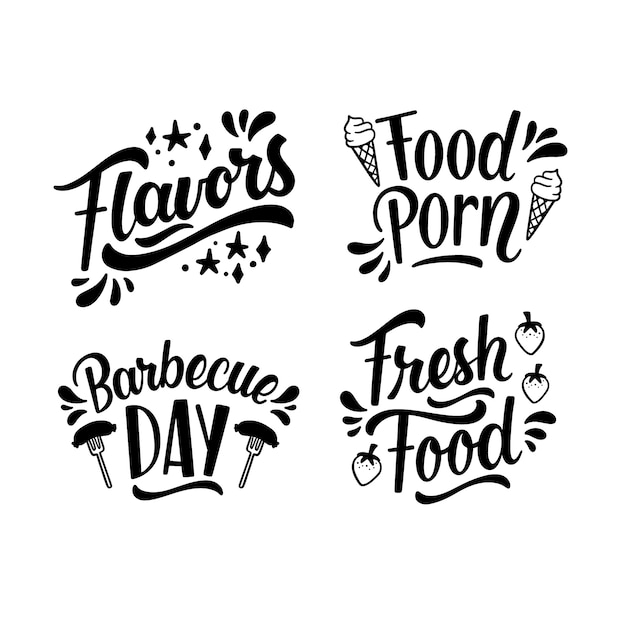 Vector gratuito colección de pegatinas gastronómicas con letras monocromáticas.