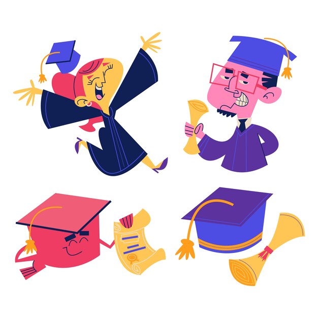 Colección de pegatinas de graduación de dibujos animados retro