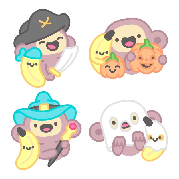 Colección de pegatinas de Halloween con mono y plátano.